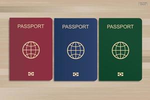 set di passaporto su uno sfondo di legno. vettore. vettore