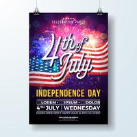 Independence Day degli Stati Uniti Party Flyer illustrazione con bandiera e fuochi d&#39;artificio