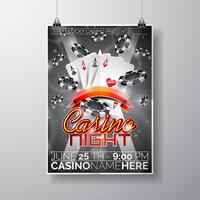Vector Party Flyer design su un tema di Casino con fiches e carte da gioco