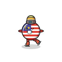Fumetto del distintivo della bandiera della malaysia come un giocatore di pattinaggio sul ghiaccio che fa eseguire vettore
