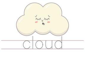 tracciare parola nube. inglese foglio di lavoro per bambini. cartone animato carino colorato nube. vettore