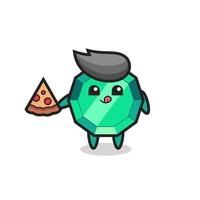 simpatico cartone animato con gemme di smeraldo che mangia pizza vettore