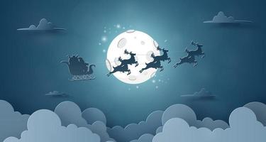 babbo natale e renne che volano nel cielo con la luna piena vettore