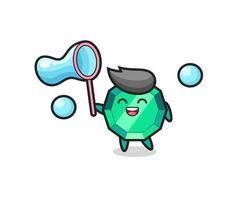 cartone animato felice smeraldo gemma che gioca bolla di sapone vettore