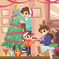 famiglia felice che prepara l'albero di natale vettore