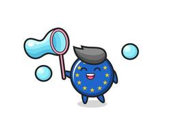 cartone animato felice del distintivo della bandiera dell'europa che gioca la bolla di sapone vettore
