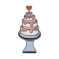 stanco nozze torta vettore icona. gustoso festivo torta con crema, decorato con un' cuore. fresco al forno merce su un' In piedi. luminosa rosa dolce per matrimonio, amore festa. cartone animato clipart isolato su bianca