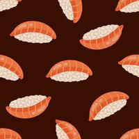 fresco nigiri senza soluzione di continuità vettore modello. gustoso giapponese Sushi con riso e crudo salmone. tradizionale asiatico pesce rotoli, frutti di mare aperitivo. mano disegnato illustrazione. piatto cartone animato sfondo per Stampa, ragnatela