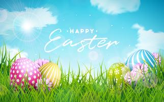 Illustrazione felice di festa di Pasqua con l&#39;uovo ed il fiore dipinti sull&#39;erba della natura vettore