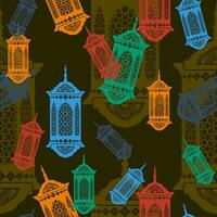 modificabile piatto stile vario colore Arabo Ramadan lampada vettore illustrazione senza soluzione di continuità modello con buio sfondo per arabo cultura tradizione e islamico momenti relazionato design