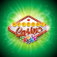 Vector l&#39;illustrazione su un tema del casinò con colore che gioca i chip e le carte della mazza su fondo scuro.