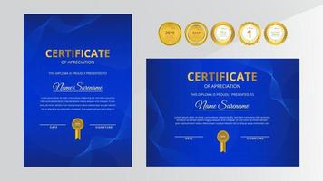 certificato di lusso sfumato dorato e blu con set di badge in oro vettore