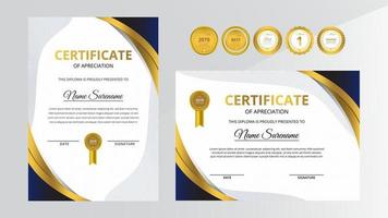 certificato di lusso sfumato dorato e blu con set di badge in oro