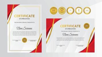 certificato di lusso rosso brillante con set di badge d'oro