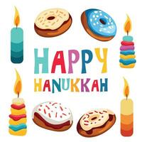 7 vivace candele, delizioso ciambelle, e un' contento hanukkah saluto creare un' festivo vettore scena, un' dolce celebrazione di leggero e la gioia.