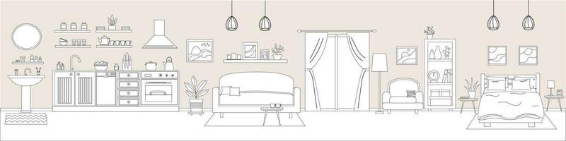 interno bandiera nel linea arte stile. vivente camera, Camera da letto, cucina con arredamento. divano, poltrona, tavolo, balcone, cremagliera, casa impianti, tavolo, decorazione. piatto stile. vettore