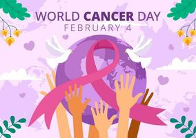 mondo cancro giorno vettore illustrazione su febbraio 4 con nastro per aumentare consapevolezza di cancro e femmina assistenza sanitaria nel piatto cartone animato sfondo