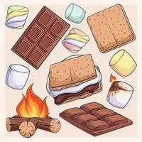 deliziosa collezione s'more, marshmallow, cracker, cioccolato e fuoco vettore