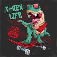 simpatico dinosauro t rex che cavalca uno skateboard rosso vestito con occhiali da sole vettore