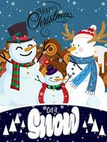 Natale carta, carino famiglia pupazzo di neve festeggiare Natale e inverno stagione con nevicate su blu sfondo vettore