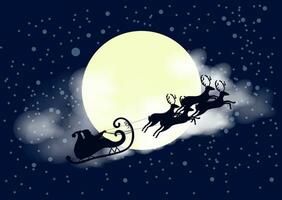 inverno super chiaro di luna con silhoutte Santa Claus e il suo slitta su nevicate. Natale carta. vettore