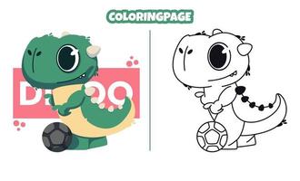 simpatico dinosauro che gioca a palla con pagine da colorare vettore