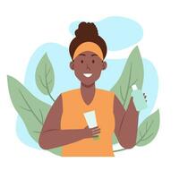 nero donna contento mostrando cura della pelle Prodotto per vendita promozione routine trattamento illustrazione le foglie decorazione vettore