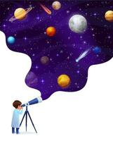 cartone animato ragazzo ragazzo Guarda nel telescopio per galassia spazio vettore