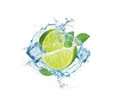 realistico Mojito bevanda spruzzo con lime, ghiaccio cubi vettore