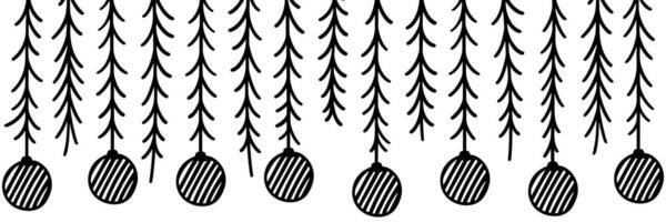 Natale modello con abete rami e giocattoli. abbozzato vacanza ghirlande e decorazioni isolato su bianca sfondo. mano disegnato vettore illustrazione