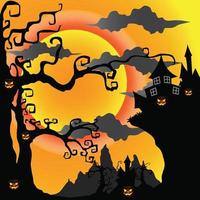 composizione luna notte di halloween con zucche incandescenti castello vintage vettore