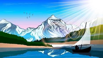 uomo in barca sulle montagne sullo sfondo del paesaggio cartone animato vettore