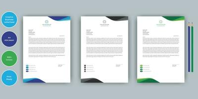 attività commerciale carta intestata aziendale creativo attività commerciale azienda minimo pulito unico modello design.carta intestata colorato verde, Nero, blu design stazionario progetto. multiuso carta intestata design. vettore