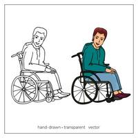 un' giovane uomo con disabilità. contento tipo nel un' sedia a rotelle. Disabilitato persona. vettore illustrazione nel cartone animato stile.