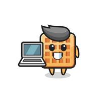 illustrazione mascotte di waffle con un laptop vettore