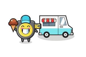 mascotte cartone animato di metro a nastro con camion dei gelati vettore