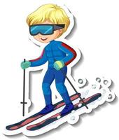 disegno adesivo con un ragazzo che cavalca il personaggio dei cartoni animati sugli sci ski vettore