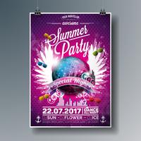 Vector Summer Beach Party Flyer Design con elementi di discoteca e musica