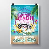 Vector Summer Beach Party Flyer Design con elementi tipografici sul paesaggio dell&#39;oceano