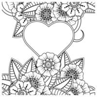 fiore mehndi con cornice a forma di cuore, ornamento scarabocchio vettore