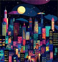 notte paesaggio urbano con grattacieli e Luna. vettore illustrazione