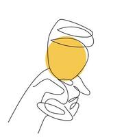 mano detiene un' bicchiere con un' bere. continuo uno linea disegno. giallo alcolizzato bere, tropicale cocktail, frutta succo. pane abbrustolito, Congratulazioni, Saluti. celebrazione, festa. vettore isolato su bianca.