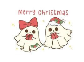 carino e kawaii Natale fantasmi con i regali. festivo saluto carta vacanza cartone animato mano disegno con adorabile posa. vettore