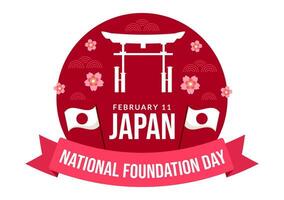 contento Giappone nazionale fondazione giorno vettore illustrazione su febbraio 11 con famoso giapponese punti di riferimento e bandiera nel piatto bambini cartone animato sfondo