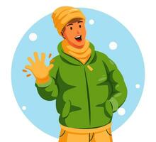 illustrazione di un' uomo indossare inverno Abiti agitando il suo mano vettore