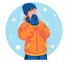 illustrazione di un' uomo indossare un' inverno giacca e starnuti vettore