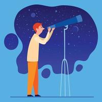 astronomo con telescopio all'icona del cielo notturno, stile cartone animato