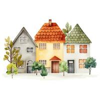 scandinavo case e alberi. carino scandi acquerello strada. europeo edificio esterno. infantile vettore illustrazione
