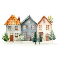 scandinavo case e alberi. carino scandi acquerello strada. europeo edificio esterno. infantile vettore illustrazione