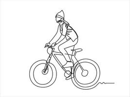 disegno contento persone equitazione bicicletta mondo bicicletta giorno concetto continuo linea disegno vettore illustrazione